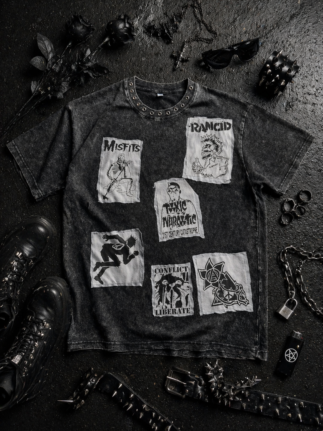 Gray Acid Wash Patched Handmade Shirt