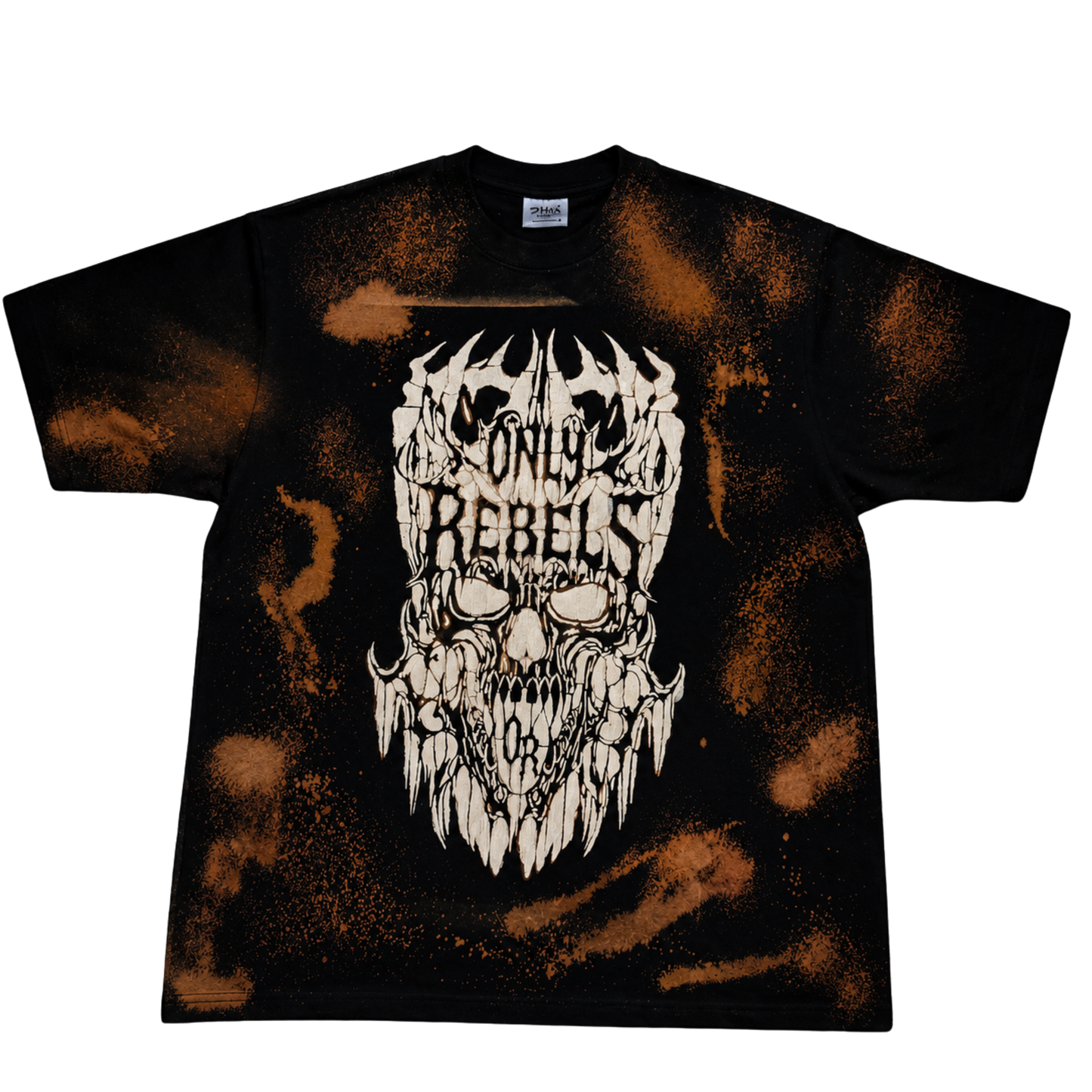 Bleached Black Skull on fire Only Rebels Shirt