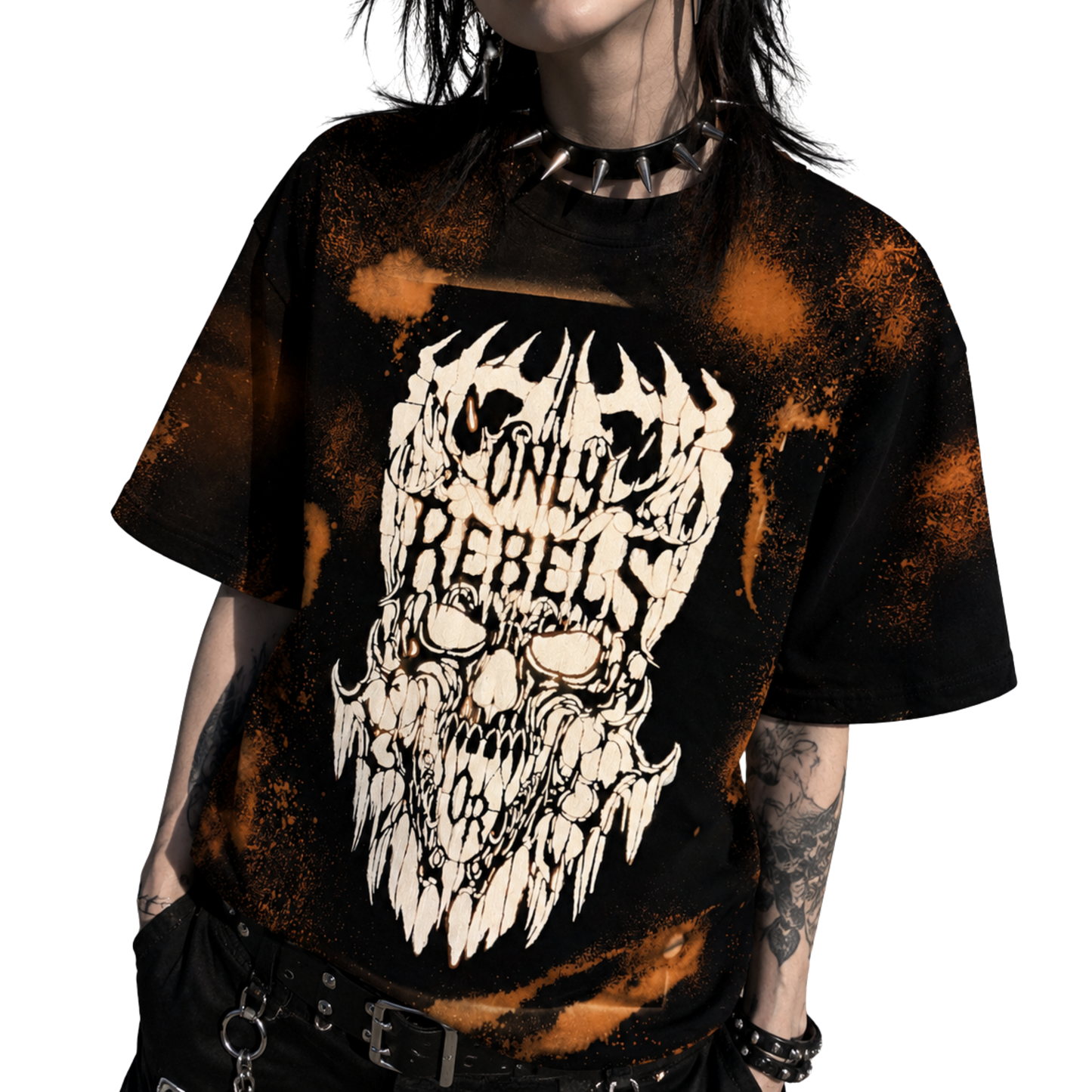 Bleached Black Skull on fire Only Rebels Shirt