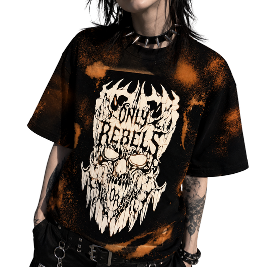 Bleached Black Skull on fire Only Rebels Shirt