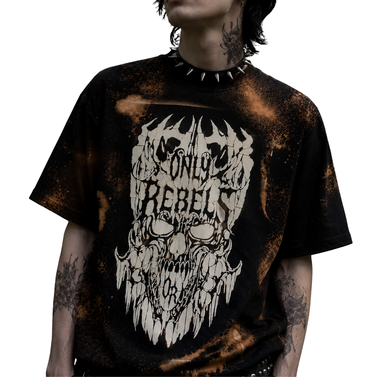 Bleached Black Skull on fire Only Rebels Shirt
